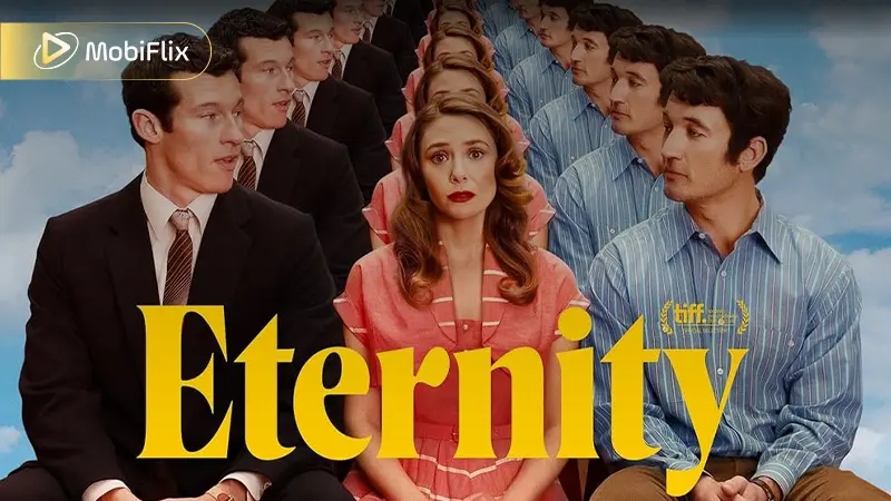 The official poster for Eternity (2025), hinting at the romantic dilemma Joan faces in the afterlife