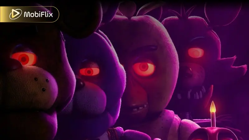 A scene from Five Nights at Freddy’s 2 showing the haunted animatronics on stage at Freddy Fazbear’s Pizza.