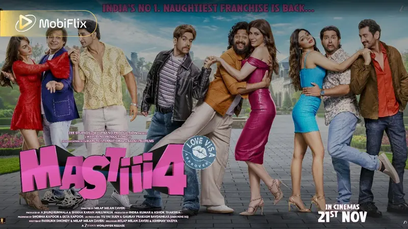 Cast ensemble for the adult comedy Mastiii 4, illustrating its global reach and performance in the indian movie box office collection.