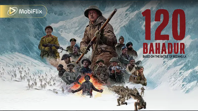 Farhan Akhtar as a soldier in a patriotic stance from the war drama 120 Bahadur, exploring historical events at the indian movie box office.