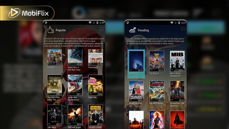 Combined Morph TV Android screenshots showing the mobile interface and content browsing experience.